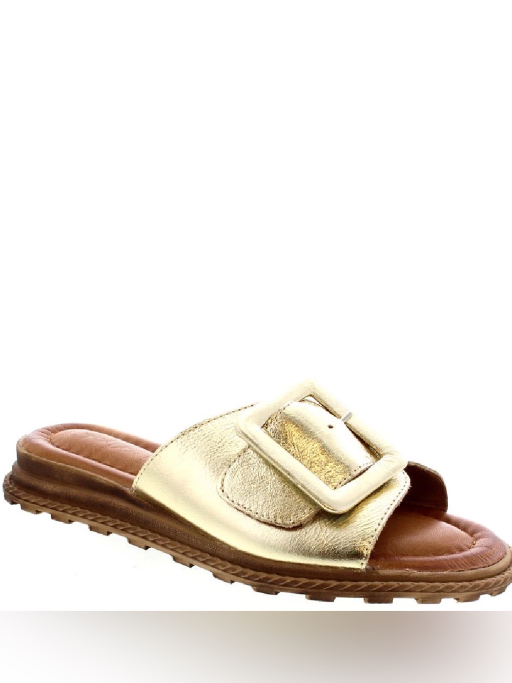 Tyche International Monroe Metallic Gold Leather Slide Sandals